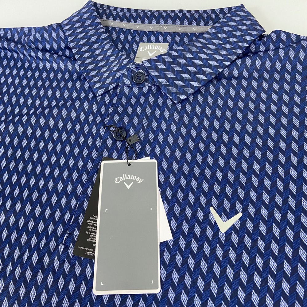 Callaway Mens XXL Blue Diamond Print Short Sleeve Golf Polo Shirt Opti-Dri‎ NEW